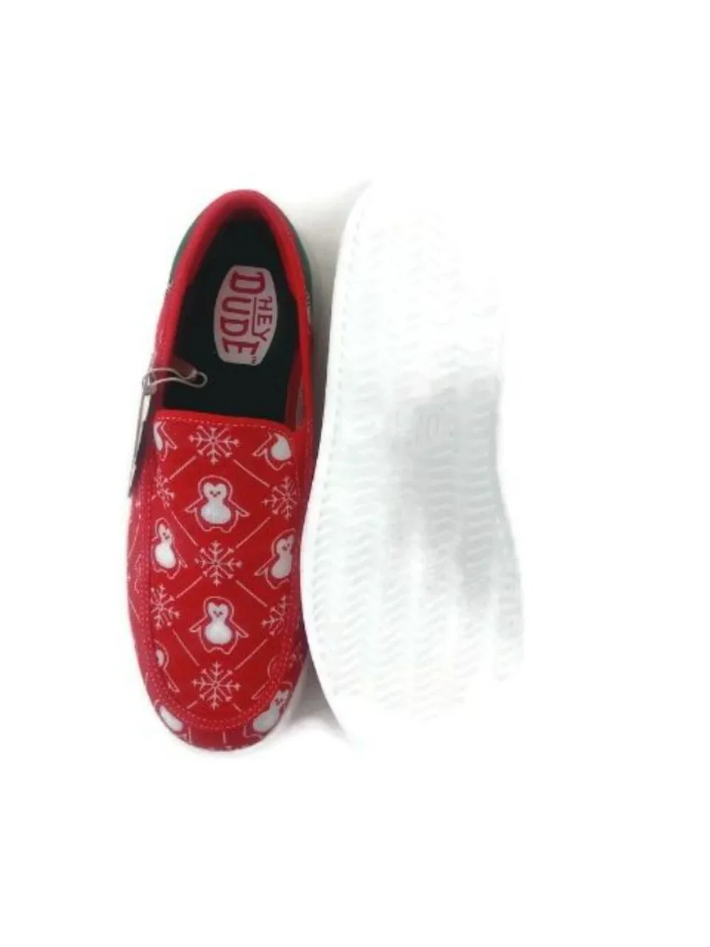 Hey Dude Sunapee Mens Size 11 Red White Penguin Casual Shoes Slip On Loafers Tee
